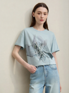 AMII | Round Neck Porcelain Cotton Direct Foaming Print Elastic Loose Drop Shoulder T-shirt