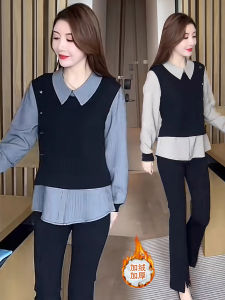 Fashionable Faux Two-Piece Shirt Womens Design Sense Top 2025 Autumn Winter New Fleece Lined Base Shirt Belly Cover Shirt