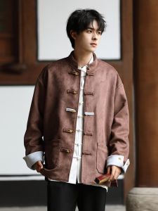 Mens Suede Jacket Spring Autumn Stand Collar Traditional Chinese Style Button Decorated Breathable Thickened Outerwear