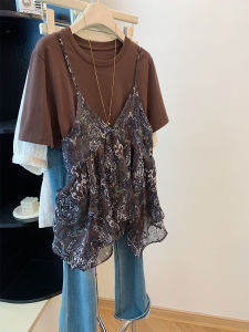 SHENGHUOYA | Retro Spaghetti Straps Polka Dot T Shirt