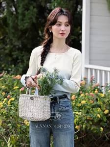 Áo Thun Dài Tay Form Xòe Màu Xanh Đậm Xu Hướng Pháp Mùa Xuân