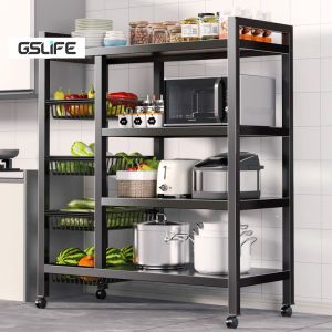GSlife Kitchen Rack Movable Storage Rack Multi-Functional Metal Rack with Wheels Microwave Rack Carbon Steel Kitchen Organizer Storage Rack