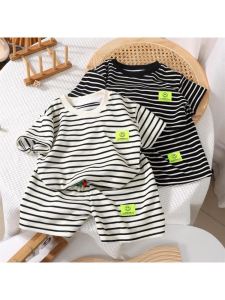 Bộ Đồ Trẻ Em Mùa Hè Thời Trang Sọc Giản Dị Phong Cách Hàn Quốc Bộ Đồ Hai Mảnh Vải Polyester Mỏng Thoáng Khí Thoải Mái Cho Bé Trai Và Bé Gái