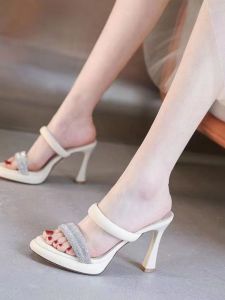 Womens High Heels Sandals Waterproof Platform Summer New Style Diamond Buckle Open-Toe Half Slippers Korean Version Thin Heel