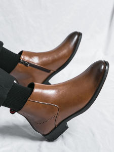 รองเท้าบูทเชลซีหนังแท้ผู้ชาย ฤดูหนาว บูทสั้น บูทมาร์ติน หัวเข็มขัด บูทส้นสูง บูทบุขนแกะ รองเท้าผ้าฝ้าย อบอุ่น สำหรับผู้ชาย