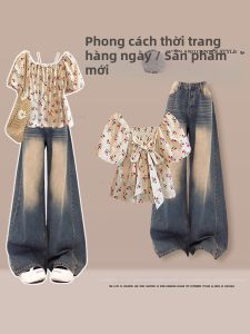 NUMEN BUTTON | Slimming Dots Bow Summer Large Size Korean Style Two-piece Set Shirt Wide Leg Jeans