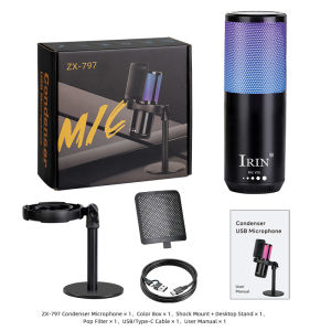 IRIN | IRIN ZX-797 Condenser Microphone with Stand RGB Light Touch Mute Noise Reduction Monitoring USB Mic for Streaming Recording
