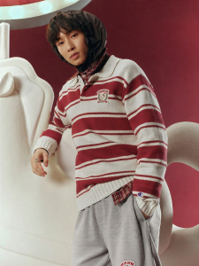 Champion | Red Turn-Down Stripe Spring New Knit Sweater