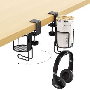 2 in 1 Desk Cup Holder with Headphone Hanger Holder Anti-Spill Clip-On Table Cup Hook with 360° Rotation for Office Home Table