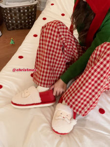 Thin Cute Santa Claus Winter Mens and Womens Fluffy Slippers Ins Non-Slip Warm Couple Household Stylish Cotton Shoes