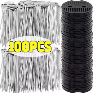 10/100Pcs Galvanized Steel Garden Stake with Gasket U-Shape Landscape Pin Staple Ground Nail Fence Irrigation Tubing Film Fixed Peg