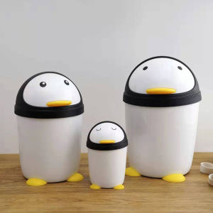 Cartoon Penguin Plastic Trash Can White Flip Cover Hygiene Bucket Small Size Desktop round Shape Household Garbage Bin