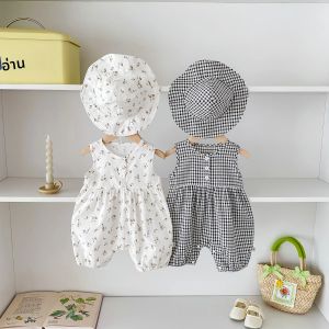 ชุดจั๊มสูทแขนกุดลายดอกไม้บางสําหรับเด็กผู้หญิงฤดูร้อน หมวกจั๊มสูทแขนกุดลายสก๊อตสําหรับเด็กผู้หญิง เหมาะมากสําหรับ tra