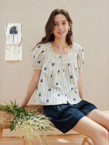 INMAN | French Stripes Floral Lace Square Neck Puff Sleeves Loose Blouse