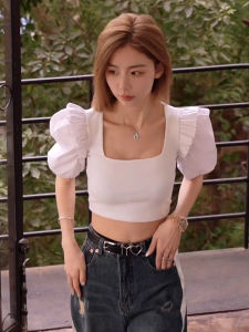 French Style Collarless Slim Fit Retro Bubble Sleeve Top for Women Open Back Short Sleeve Work Shirt UV Protection