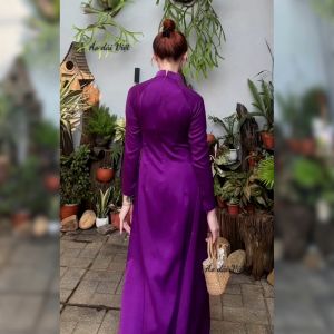 Áo dài màu tím huế trơn bóng nhẹ dáng truyền thống may sẵn lụa tây thi cao cấp loại 1