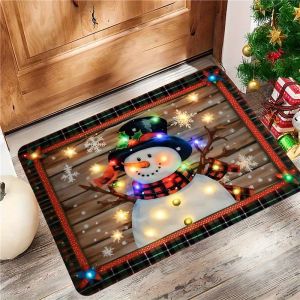 VIKAMA Merry Xmas Door Mat Cute Snowman Lights Buffalo Plaid Front Welcome Mat Non Slip Soft Happy New Year Home Decor