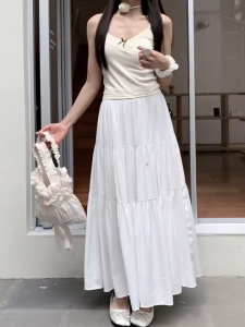 Pleated Skirt For Women Solid Color A-line Skirt High-Waist Long Skirt