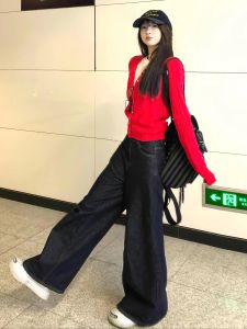 Extra Long Wide Leg Denim Jeans Deep Blue Loose Fit High Waist Spring Summer Womens Jeans Comfortable Drapey Style for Taller Ladies 175cm