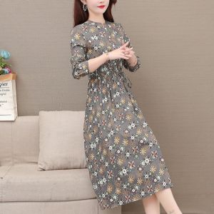 Floral Print Long Sleeve Cotton Linen Dress Womens Spring Autumn Fashion Slimming A-Line Skirt V-Neckline Korean Style Dress