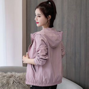 Ladies Short Thin Jacket Autumn New Style Versatile Casual Hooded Zipper Closure Long Sleeve Loose Fit Pure Color Outerwear