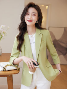 Green Thin Suit Jacket Womens Small Size Seven-Sleeve Slim Fit Short Style Autumn New Fashion Personality Short Western Suit