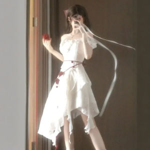 French Elegant Unique Beautiful Bell Sleeve Irregular Waist Cinched Fairy Long Dress Summer Soft Medium Elastic Short Sleeve V Neck