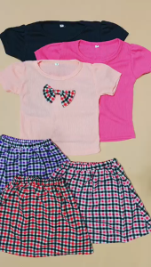 Setelan Momo Pita Kotak 0-4 tahun Set Baju dan Rok Anak Perempuan Gubaby