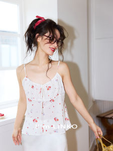 Linko Silk Printed Strap Vest Womens Base Layer Top Outerwear Sweet Holiday Style Backless Floral Pattern Thin Summer Tank