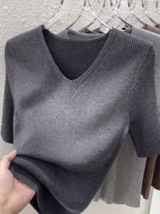 plus Size Womens Fashionable V-Neck Short Sleeve T-Shirt Summer New Loose Slimming Solid Color Ice Silk Knitted Top Thin