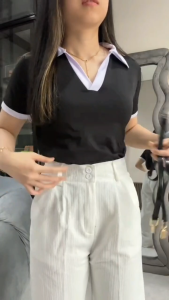 Deluna Korean Outfit - Outfit Set Korean Look Monokrom Wanita – Kaos Lengan Pendek Celana Tas Belt Hitam Putih – Setelan Kasual Elegan Buat Jalan Kuliah OOTD AD370