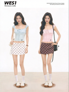 WESTAYONE | Peach Pink Lace-Up Short Sleeve T-Shirt Dotted Mini Skirt