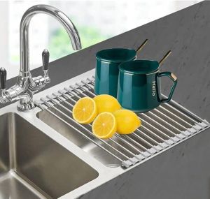 1pcs Roll Up Dish Drying Rack Over Sink Drying Rack Sink Cover Kitchen Sink Accessories Gadget Multipurpose Organizer Foldable Stainless Steel Drainer