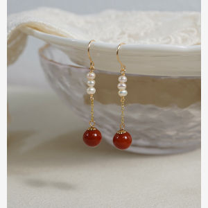 Original Design Long Pearl Earrings Red Agate 14K Gold Plated Sweet Vintage Fashion Jewelry Earring Pair for Women Fresh out