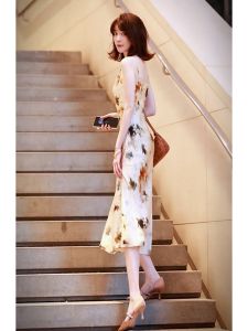 Elegant French Style Acetate Satin Print Vacation Dress High Waist Strapless Gown Summer Casual A-Line Skirt for Young Women