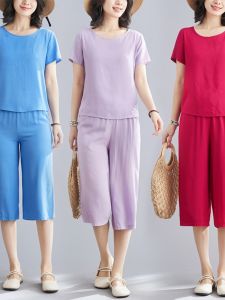 แฟชั่นผ้าฝ้ายผ้าไหมแขนสั้นชุดสีทึบ PLUS ขนาดฤดูร้อนผ้าฝ้ายเทียมหลวม MOM ชุด 2 ชิ้นสําหรับสตรี