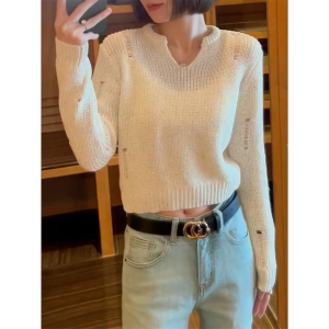 QINGNAER | Casual Loose Short Fashionable Hole Knit Sweater
