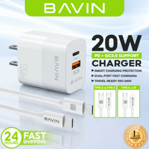 BAVIN PC963 PD Fast Charging AC Adapter with Cable Dual Type-C & USB QC3.0 Ports Compatible for Tablet & Smartphones