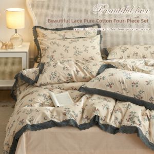 NAIYOUCHENG | French Floral Cotton Bed Set Vintage Princess Style Three-Piece with Bed Skirt
