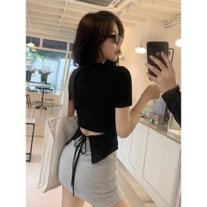 Sweet And Spicy Style Short Sleeve T-Shirt Womens Design Sense Body Shape Slim Fit Short Length Summer Cotton round Neck Top