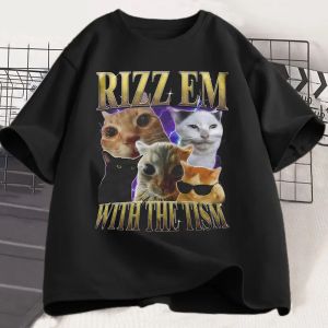 Rizz Em with The Tism T-Shirt Retro Funny Cat Meme Summer T Shirt Short Sleeve Harajuku Short Sleeve Casual Aesthetic Clothes