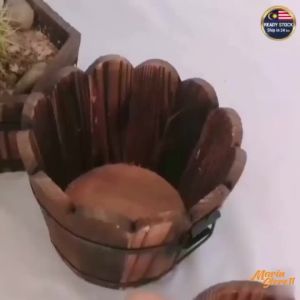 Carbonized Wood Wavy Round Barrel Bucket Plant Flower Pots Home Office Garden Deco Tong Kayu Karbonat Rak Bunga