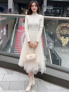 French Mesh Patchwork Knitting Dress Female Winter 2024 New Arrival Small White Liner Base Sweater Dress