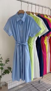 SJM DRESS KASUAL PREMIUM BUTTON LENGAN PENDEK FREE BELT KATUN POPLIN 113