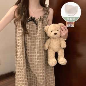 Princess Wind Belt Chest Pad Nightdress Womens Summer Sling Woven Cotton Fancy Pajamas Summer Plus Size Maternity Homewear