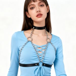 Punk-style PU leather corset belt womens single-layer chain suspender belt gothic garter belt everyday clothing accessory.