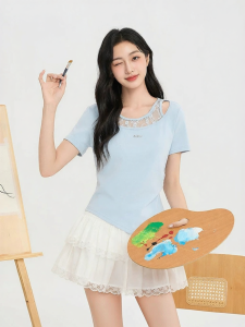SANFU | Metal Letter Embroidery Lace Faux Two-Piece Top
