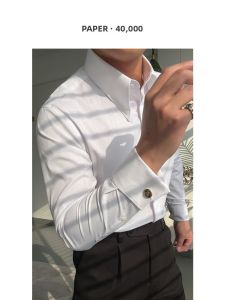 Italian Gentleman Long Pointed Collar French Buttoned Shirt White