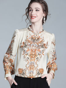 Luxurious Silk Shirt Vintage Print Stand Collar Womens Premium Quality  Silk Long Sleeve Commute Style Regular Fit