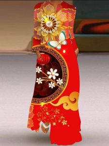 Red Long Sleeve Qipao Dress Loose Stage Show off Shoulder Vintage Style Womens Clothing Spring Autumn Winter Seasonal Use